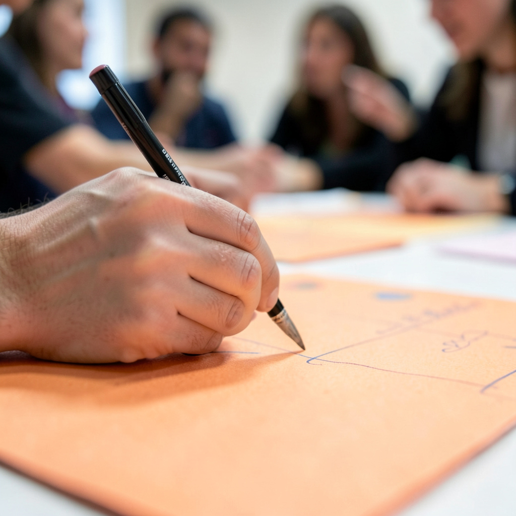 Close-up of a participant writing on a shared canvas, with blurred figures in the background engaged in discussion