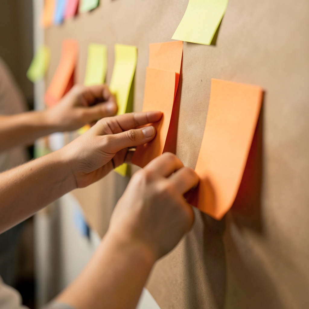 Warm-toned photograph of hands arranging colourful sticky notes on a large paper-covered wall during a collaborative workshop