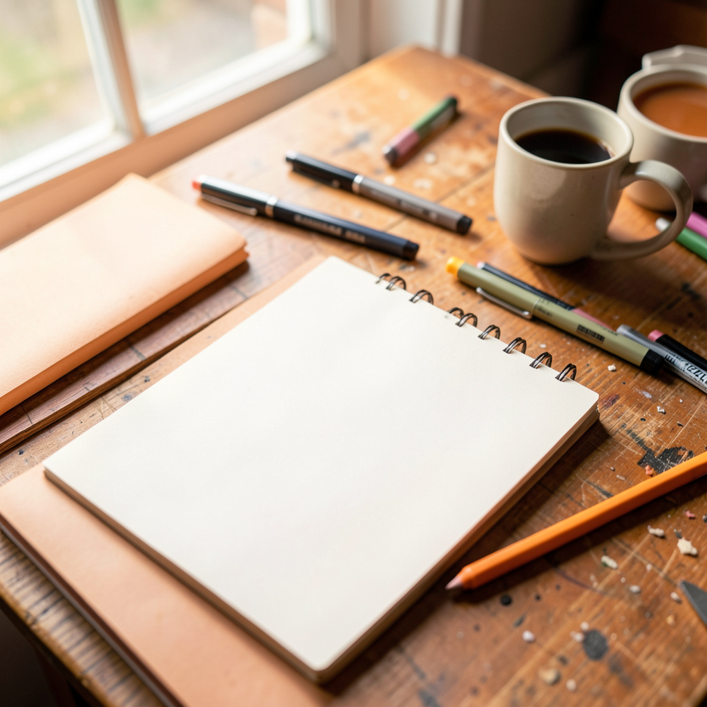 Overhead shot of a workshop table with sketchpads, markers, and coffee cups, lit by soft daylight from a nearby window