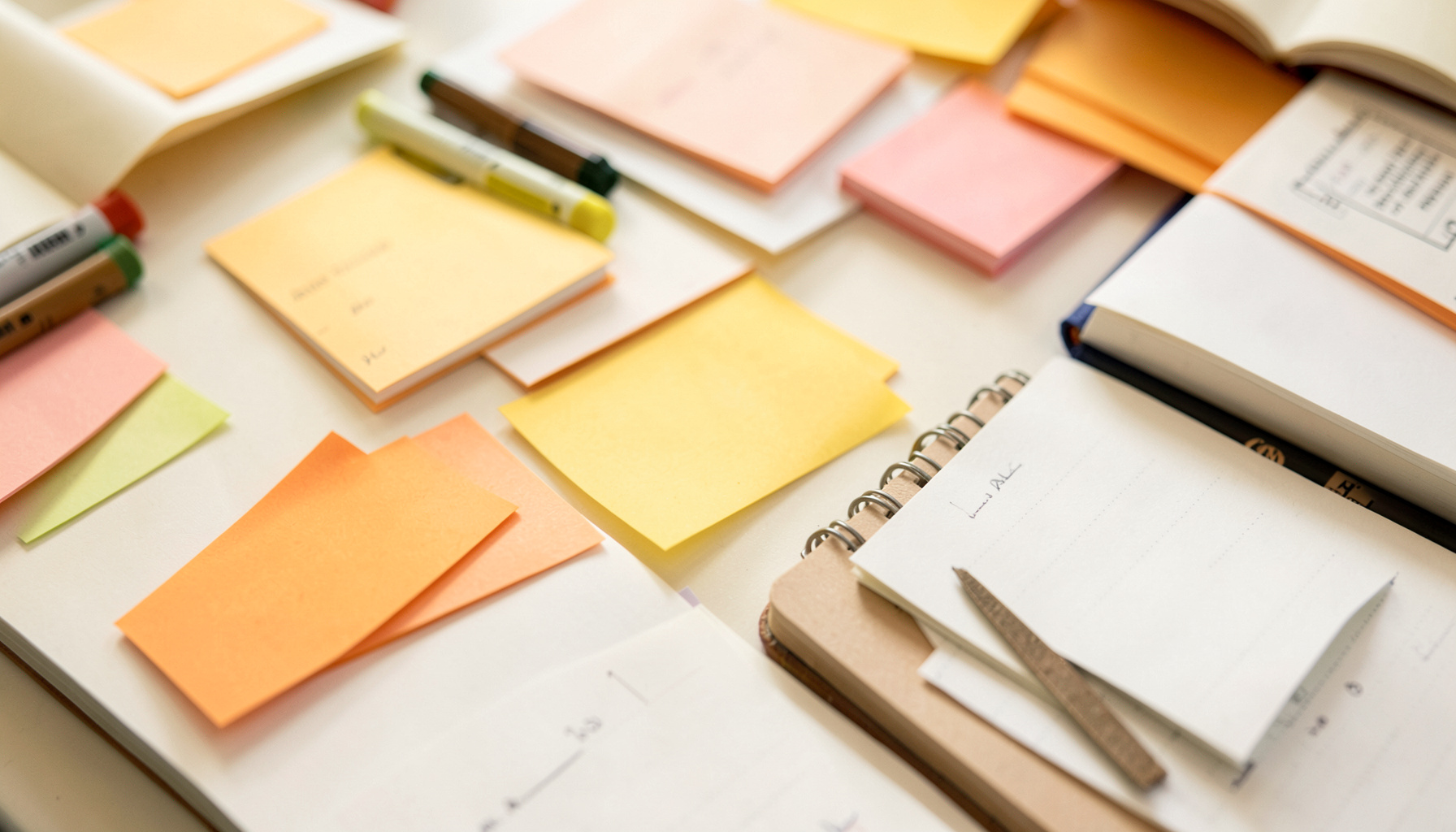 Warm overhead photograph of a collaborative workshop table scattered with sticky notes, markers, and open notebooks, bathed in soft daylight