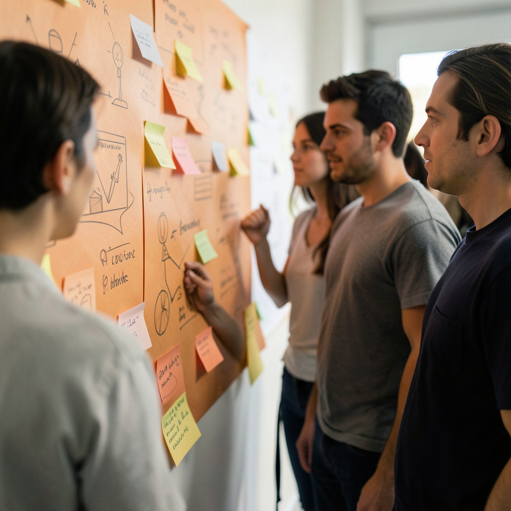 A group of people standing around a wall covered in hand-drawn diagrams and sticky notes, reviewing their work together