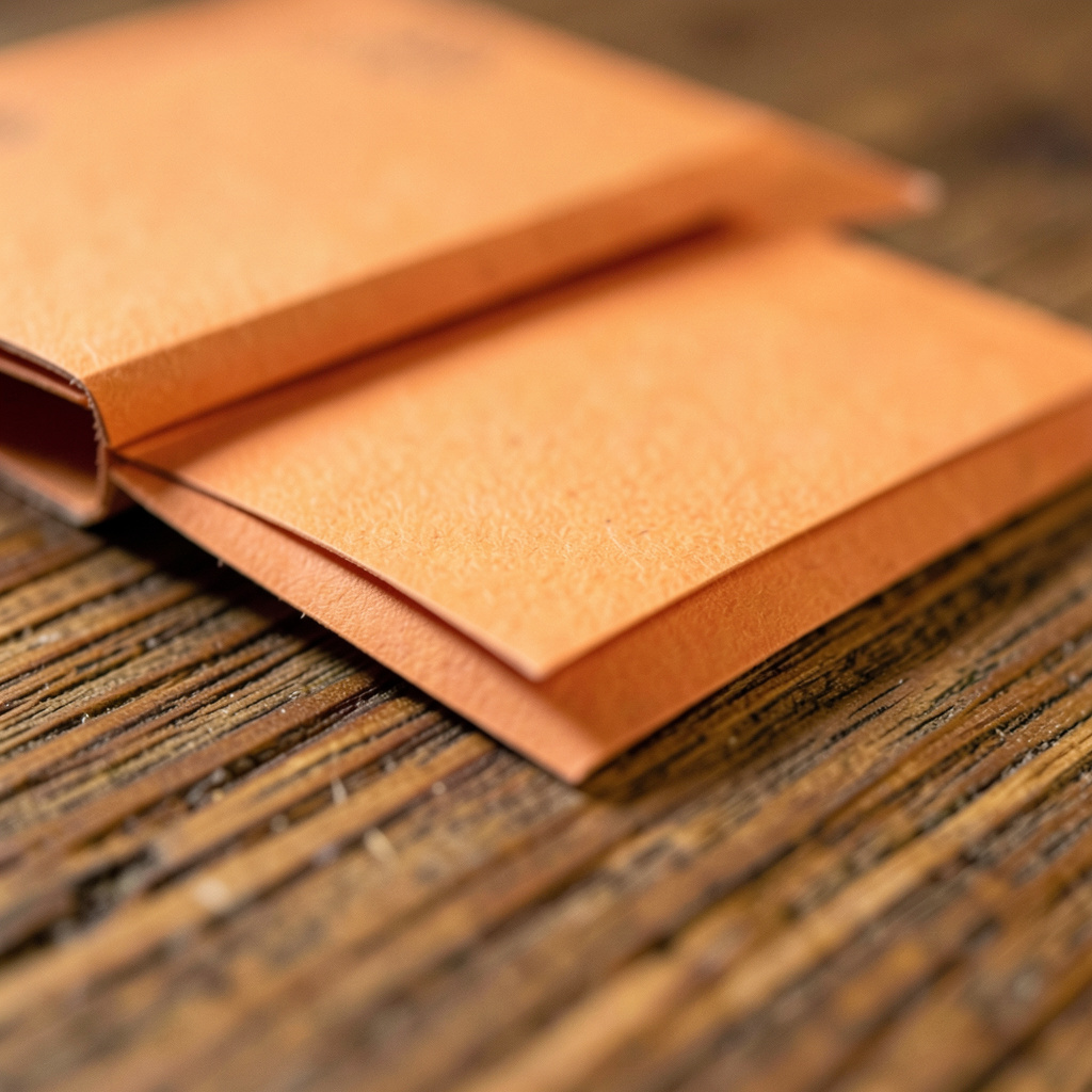 Detail shot of a prototype made from paper and card, resting on a textured wooden table in warm ambient light